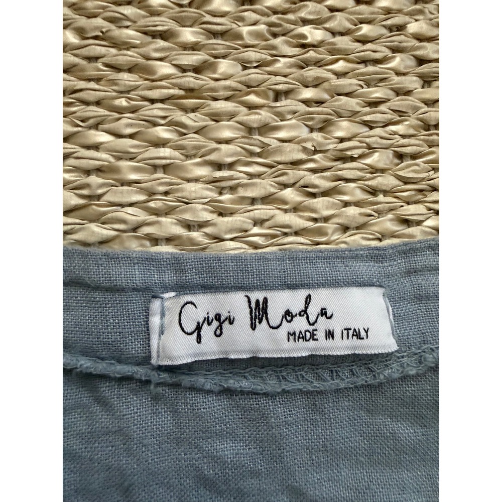 Gigi Moda Italy Blue Linen V-Neck Tunic Top Long Sleeve Lagenlook coastal beachy - Picture 9 of 10